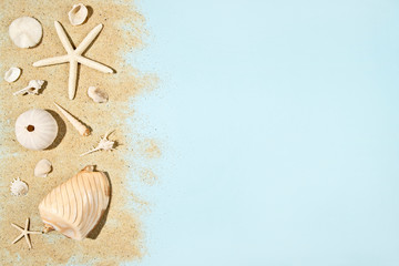 Summer holiday concept with sea shells and starfish on light blue background and sand, copy space, flat lay
