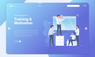 Flat design of human resource training and giving motivation on landing page template