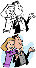 A cartoon of a happy couple in a loving embrace. 