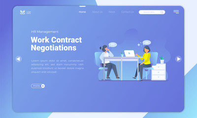 Job interview illustration about work contract and negotiation on landing page template