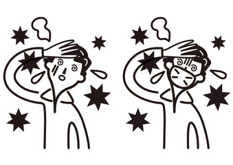 体調が悪くふらつく男性　モノクロ　イラスト