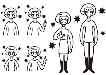 ウイルスに囲まれた医療スタッフ　モノクロ　イラスト