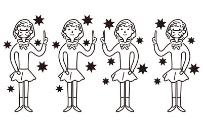 マスクを付けた少女とウィルス　モノクロイラスト