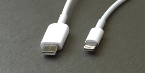 USB type C and lightning white cable connector on a gray metal background