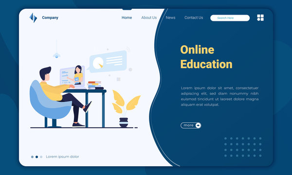 Flat illustration of a man studying online on landing page template