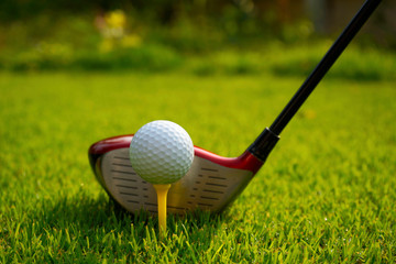 Golf ball and golf club in beautiful golf course at Thailand. Collection of golf equipment resting on green grass background
