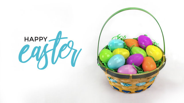 Happy Easter Text with Easter Egg Basket and Colorful Eggs