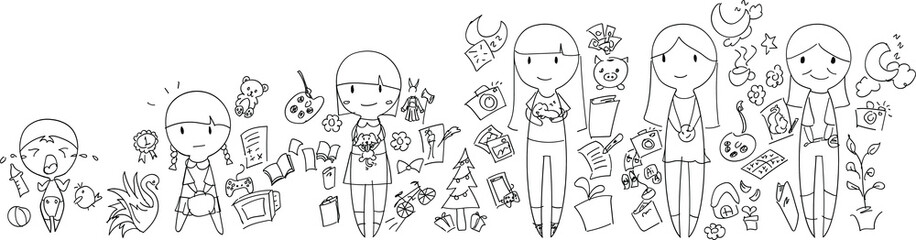 Line drawings of a young girl's growing up period.