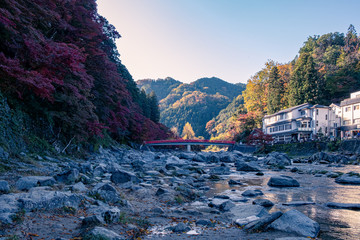 Beautiful and colorful scenic view of red bridge at Korankei in autumn , Aichi , Japan