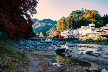 Beautiful and colorful scenic view of red bridge at Korankei in autumn , Aichi , Japan