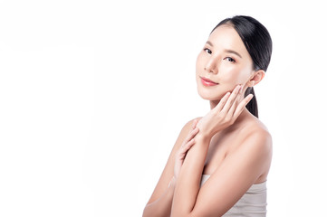 Asian woman poses for healthy skin beauty in white isolated background. Cosmetic, skincare, surgery concept with copy space.