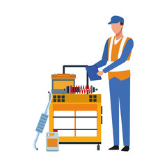 mechanic standing at tools trolley icon, colorful design