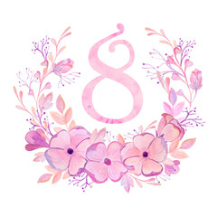  Postcard March 8. International Women's Day. Watercolor illustration, delicate pink flowers.