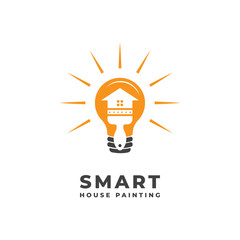 House Painting Smart with Brush, House and Light Bulb Logo Vector Icon Illustration