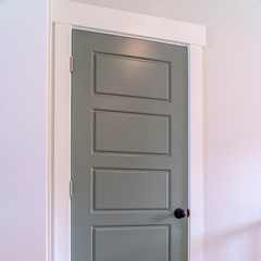 Square Glossy gray wooden door with matte black door knob inside a home