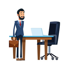 cartoon businessman standing next to office desk with laptop computer