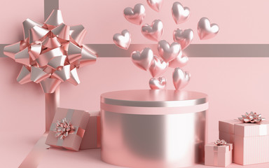 The Valentine's Day concept pallet has a gift box. Pastel pink heart balloon and pastel.3D rendering.