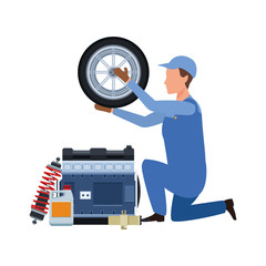 car mechanic with tire and engines