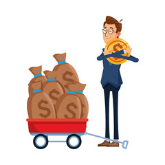 cartoon businessman with money coin and trolley with money bags
