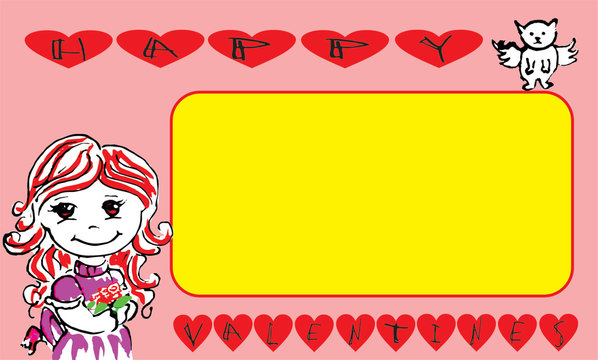 VALENTINE CARD WITH Vector Illustration, POSTER IN RED HEARTS, VECTOR YELLOW FRAME, VECTOR GIRL DRAWING