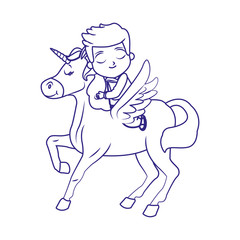 cartoon cute boy on unicorn, flat design