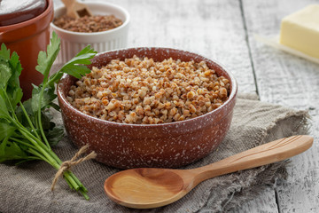 Buckwheat porridge in a bowl on a table