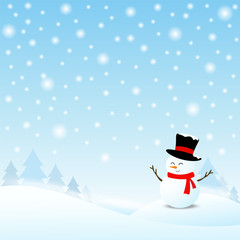 Snowman in winter fall scene with mist, pine tree and mountain landscape background.Christmas cartoon or cute character for decoration,greeting card,post card and merry christmas invitation template.