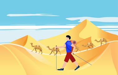 Fototapeta premium Tourist man walks in the desert, in the sand dunes travel concept vector illustration