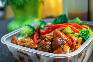Braised pork trotters.  Green broccoli.  Red pepper.  Delicious Chinese food.  healthy food.  Good for the skin