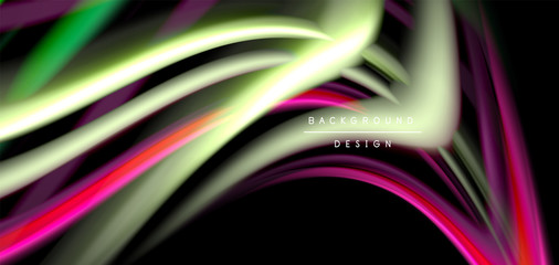 Abstract silk smooth lines on black, multicolored liquid fluid rainbow style waves on black