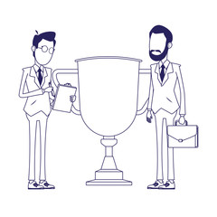 businessmen standing with big trophy cup