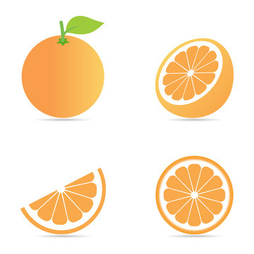 ollection set of fresh orange with green leaf and half slice pattern isolated on white background.Fruit flat icon.Vector.Illustration.