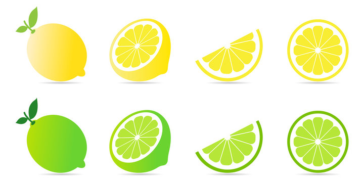 Collection set of fresh lemon and lime with green leaf and half slice pattern isolated on white background.Citrus fruit flat icon.Lemonade.Vector.Illustration.