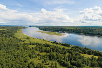 Fototapeta na wymiar Volga river in a summer landscape (aerial photography). Yaroslavl region, Russia