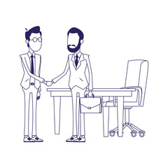 office desk and cartoon businessmen shaking hands, flat design