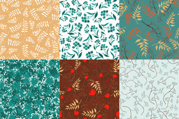 Hand drawn color pattern set with wildflowers, flowers, leaves and branches