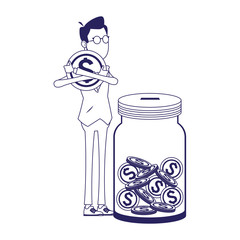 businessman hugging a coin and big bottle with money coins, flat design