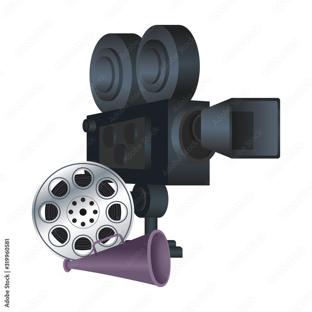 Wall mural film reel and cinema camera, flat design