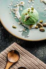 dessert pistachio ice cream, vegan food with coconut milk