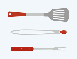 Barbecue tools-tongs, carving fork, spatula in flat style vector icon on white background, top view