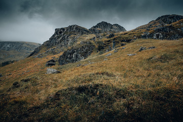 Misty mountain on a cloudy day in Scottish Highlands