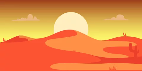 Afwasbaar Fotobehang Warm oranje Woestijnlandschap met cactussen en bergen in cartoonstijl. Ontwerpelement voor poster, kaart, banner, flyer.