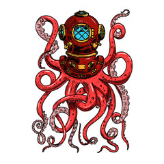 Illustration of vintage diver helmet with octopus tentacles. Design element for poster, card, banner, clothes decoration. © liubov