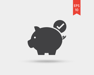 Piggy bank icon with check mark  vector web icon isolated on white background, EPS 10, top view