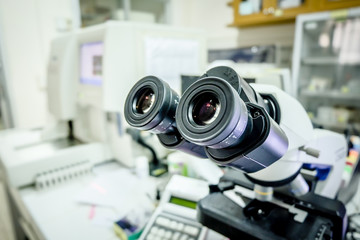 Microscope in laboratory for investigetion testing.