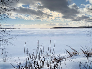 Russia, Chelyabinsk region. Nature monument - lake Uvildy in January in frosty weather