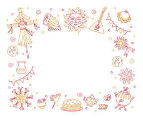 Maslenitsa or Shrovetide. Frame for Wide pancake week. Vector illustration on doodle style on white background.