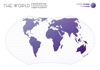Fototapeta na wymiar Triangular mesh of the world. Wagner VII projection of the world. Purple Shades colored polygons. Awesome vector illustration.