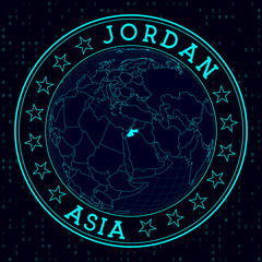 Jordan round sign. Futuristic satellite view of the world centered on Jordan. Country badge with map, round text, and binary background. Modern vector illustration.
