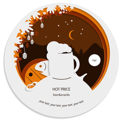 Paper sale banner or discount coupon. In the foreground glass of beer and hop leaves